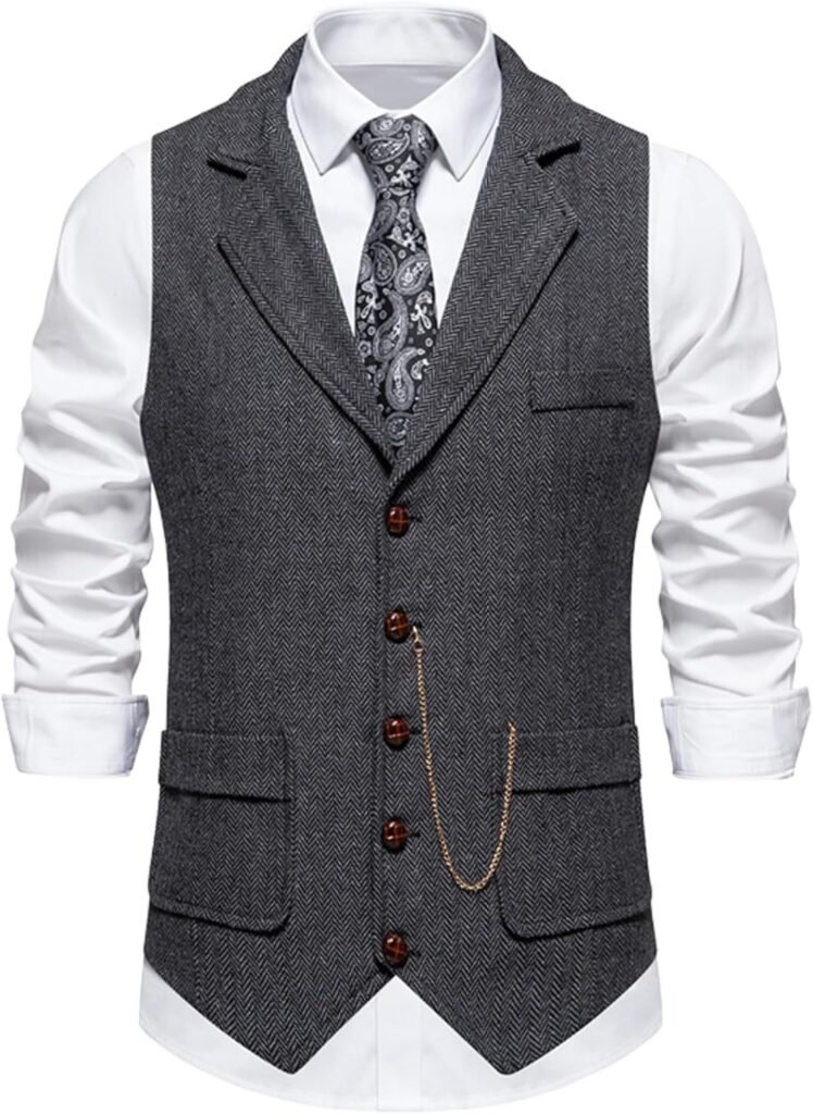 maxToonrain Classic Mens Tweed Suit Vest Casual Sleeveless Jacket Herringbone Waistcoat for Tuxedos