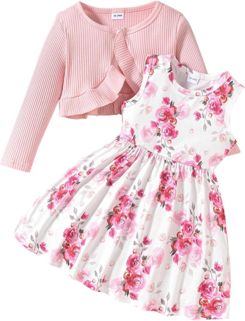 puseky Toddler Baby Girls Dress and Cardigan Set Baby Girl Floral Print Sleeveless Dress and Coat 2Pcs Fall Outfits Set