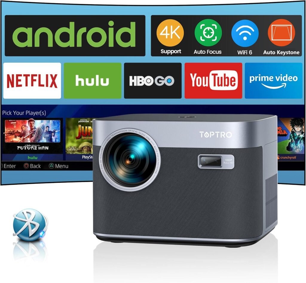 【Built-In Netflix & Auto Focus/Keystone】Projector 4K, TOPTRO Short Throw Smart Projector with Android/APP, WiFi 6 Bluetooth,30000 Lumen Native 1080P Portable Video Projector for Home Cinema/Party/Gift